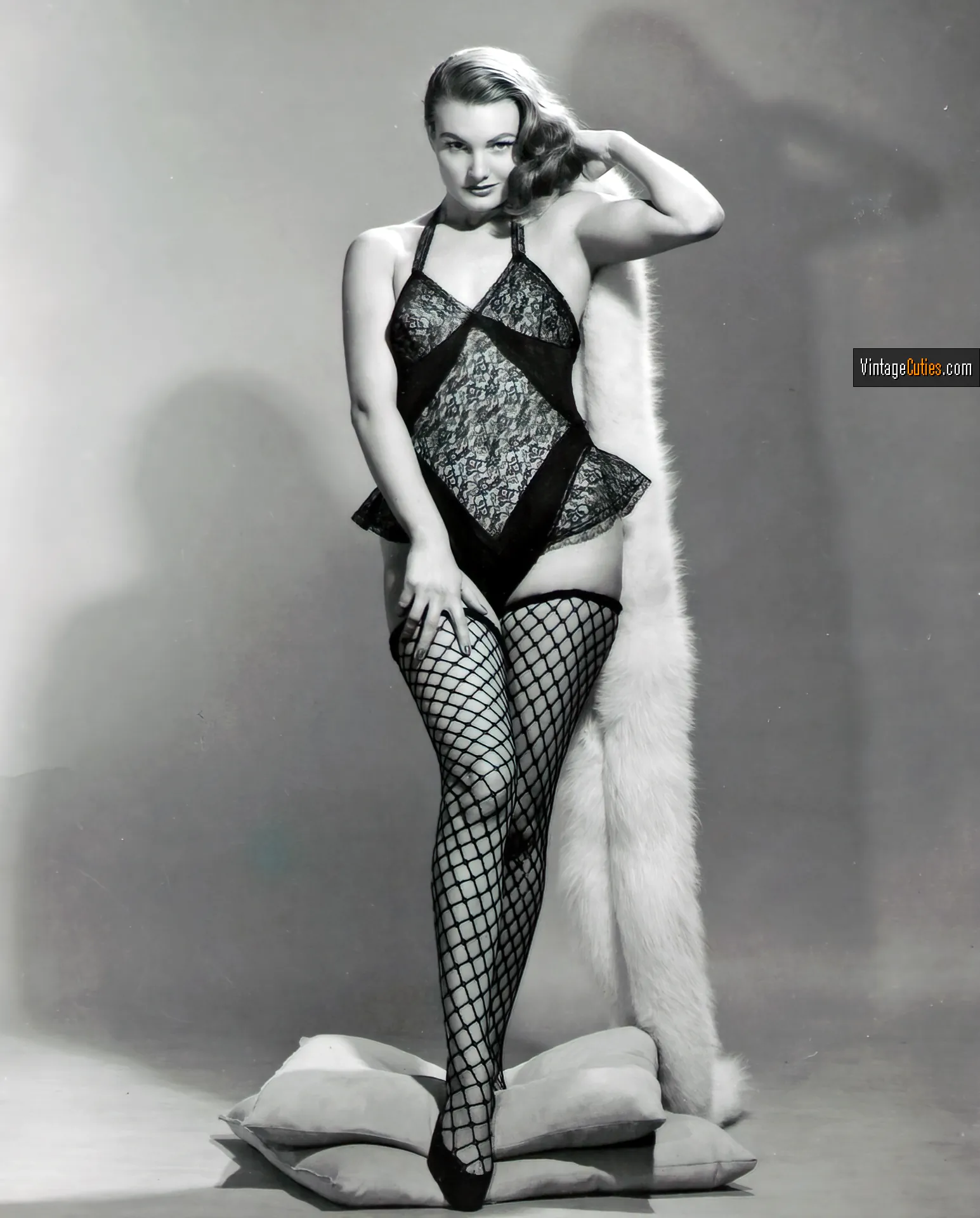 Beautiful burlesque brunette in black fishnets and a transparent top