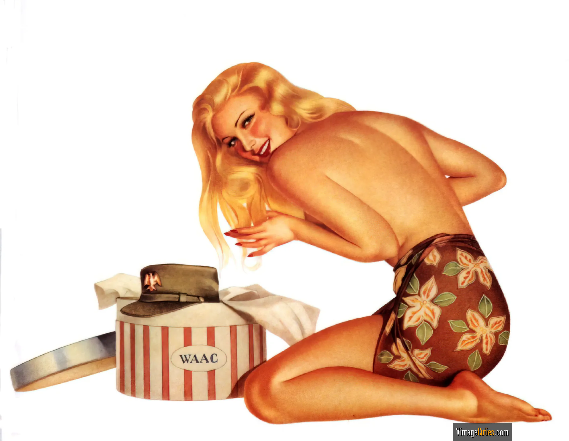 Blonde retro lady sits topples in front of a large present