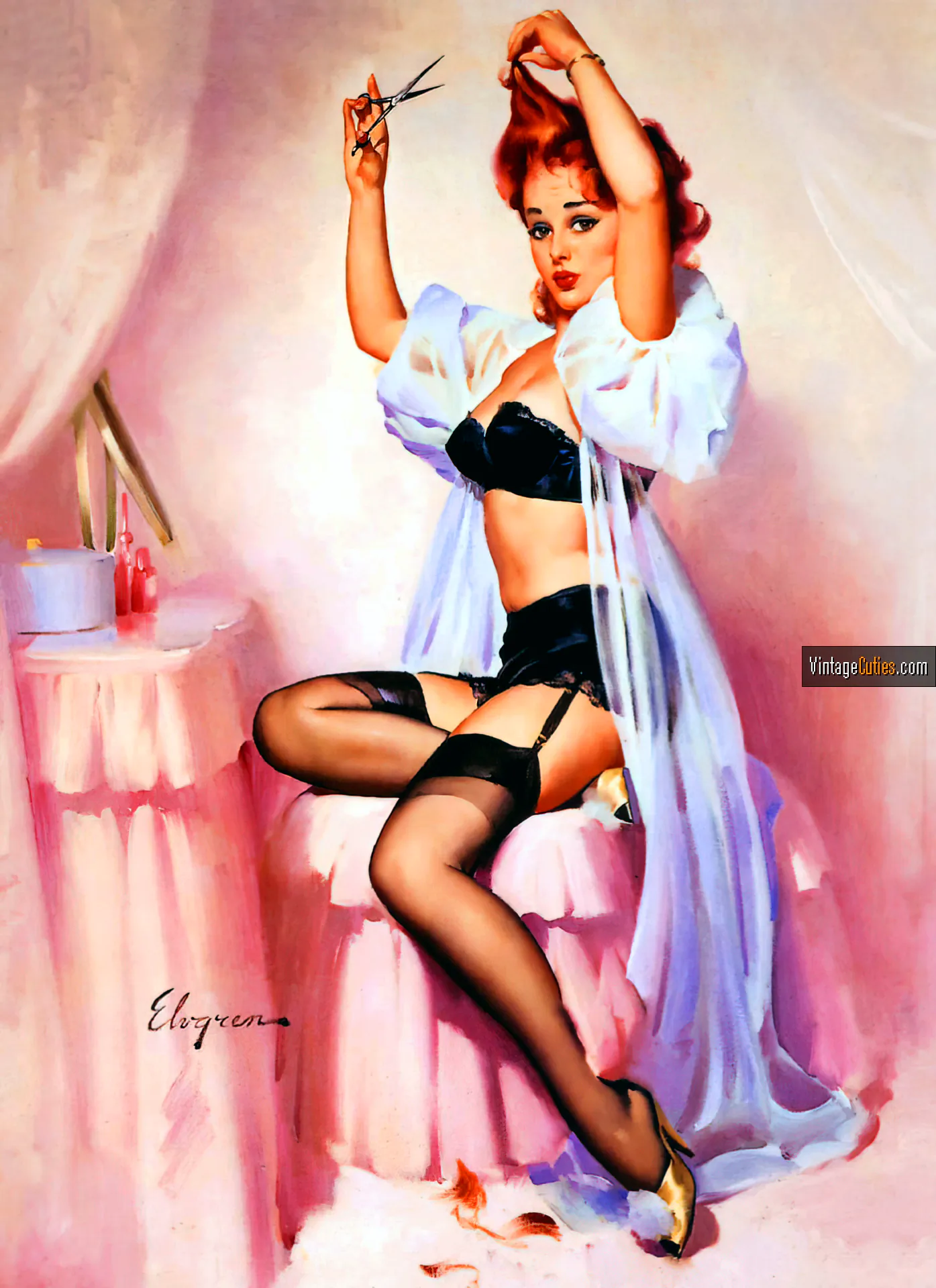 Classic redhead wears sexy underwear and tries to cut her hair