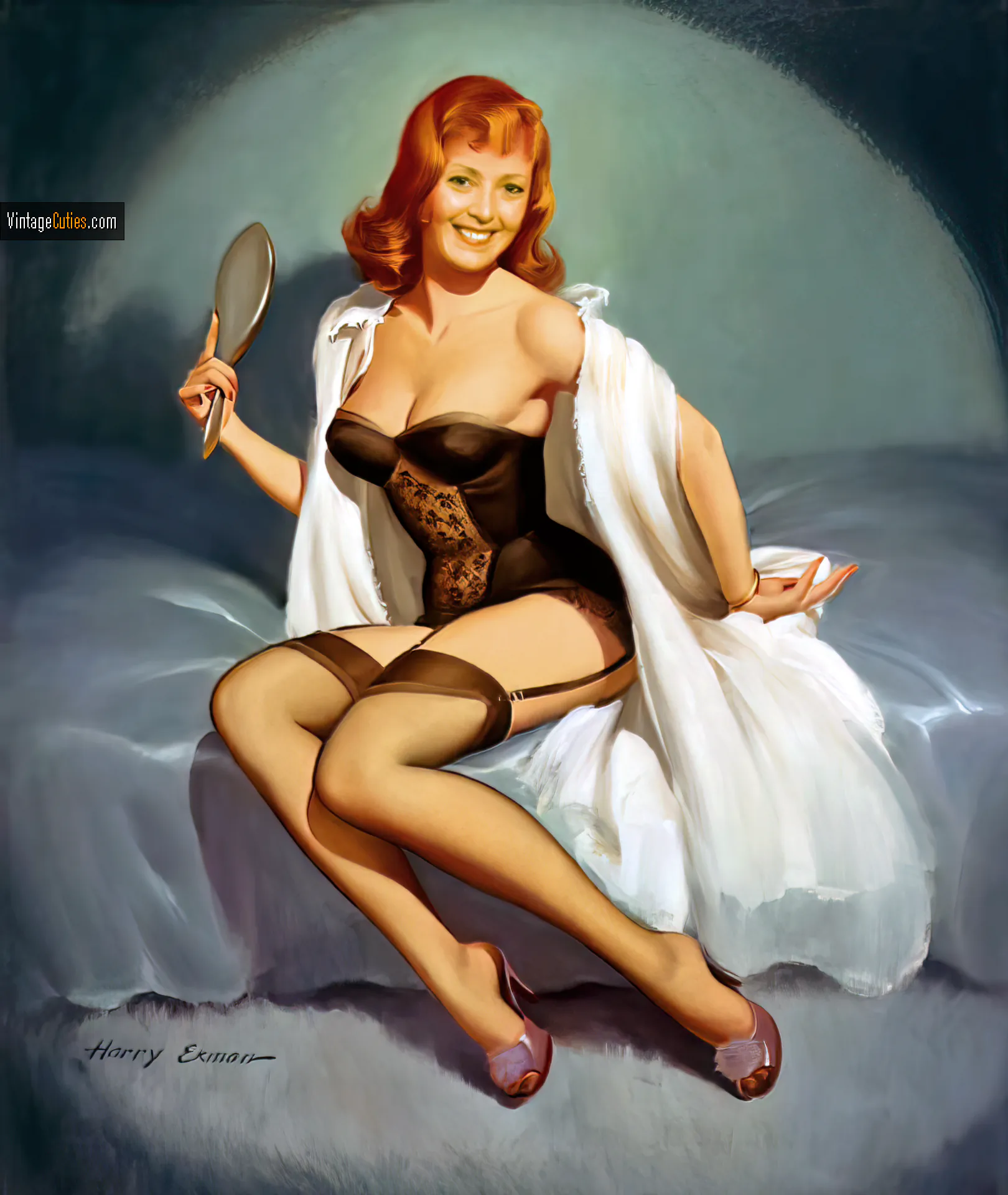 Compelling classic redhead in black seductive underwear