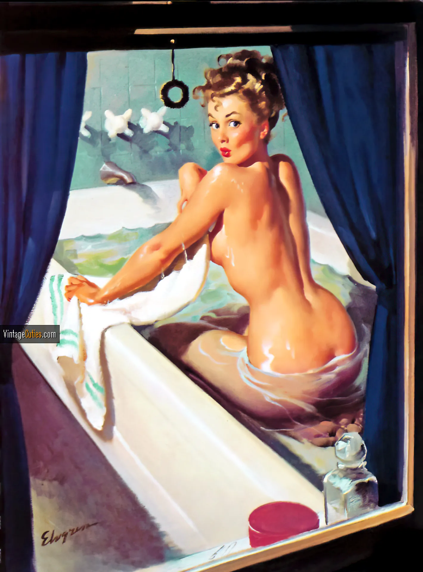 Delicious classic blonde tries to cover up her body in a bathtub
