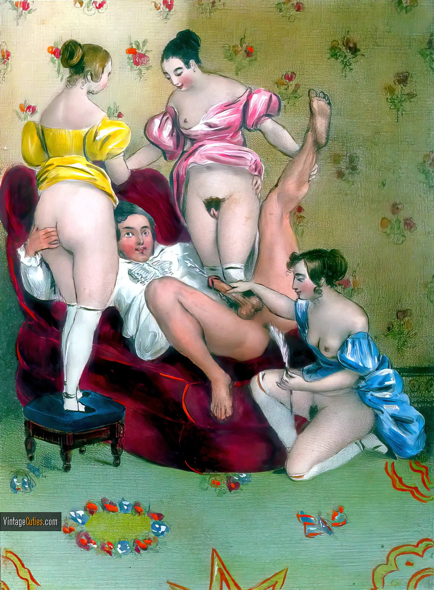 Vintage guy accompanied with three curvy ladies cums hard