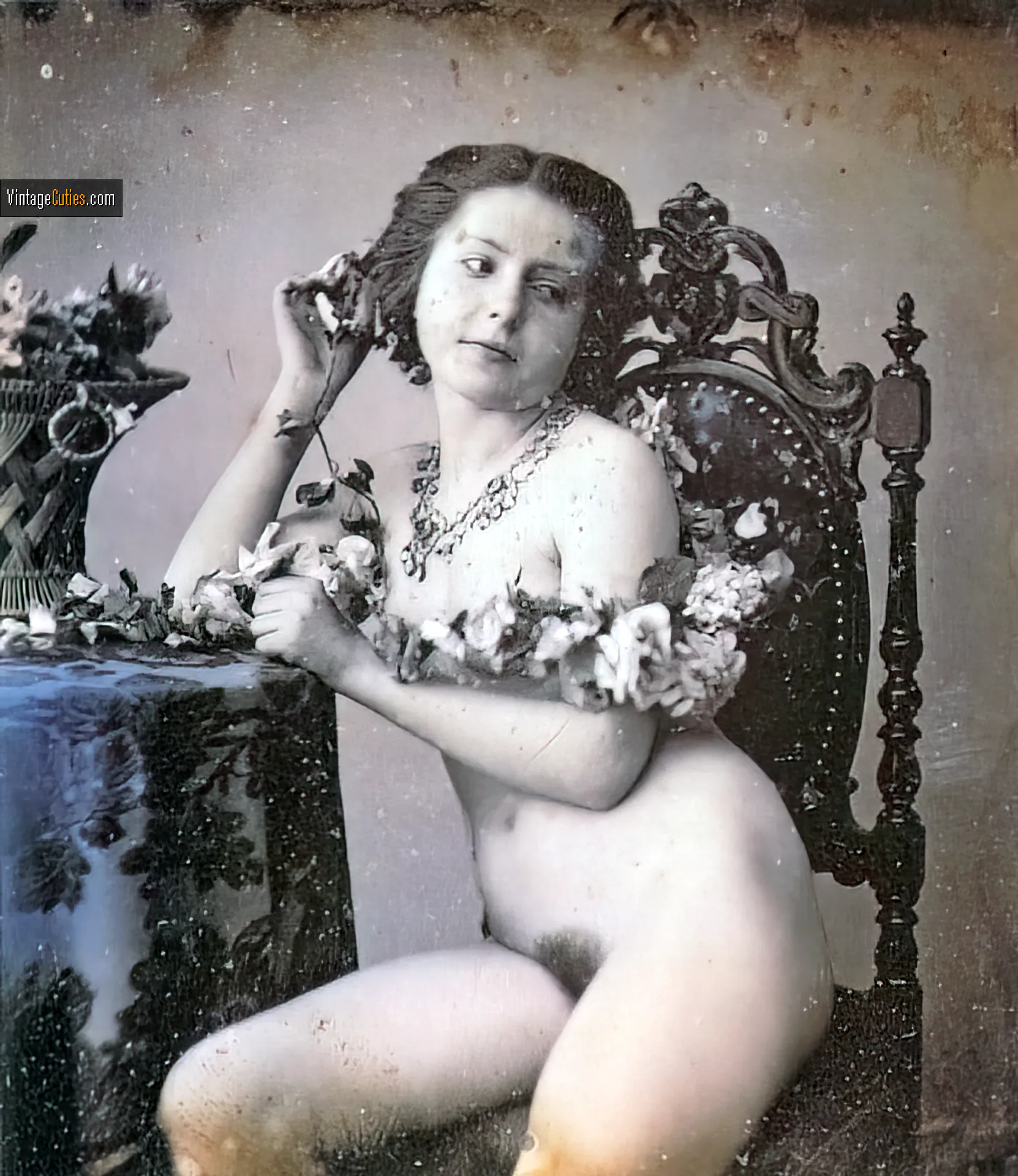 Petite antique teen covers her small tits with flowers