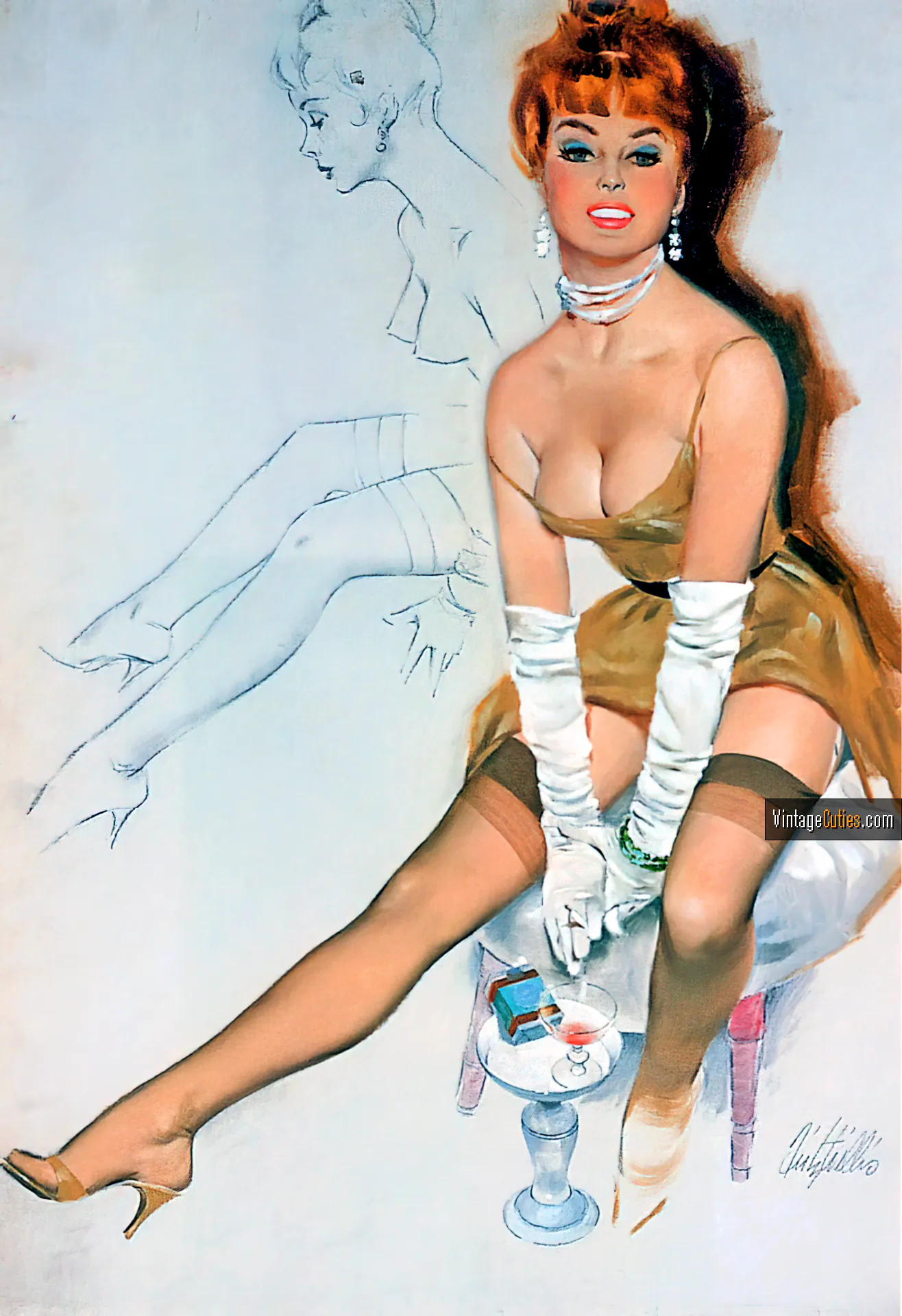 Passionate pin-up classic girl in a short dress reveals her sexy cleavage