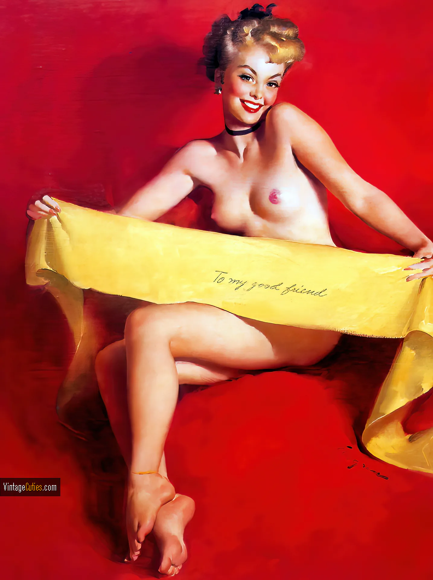 Gorgeous pinup with classic blonde hair exposes her perfect boobs