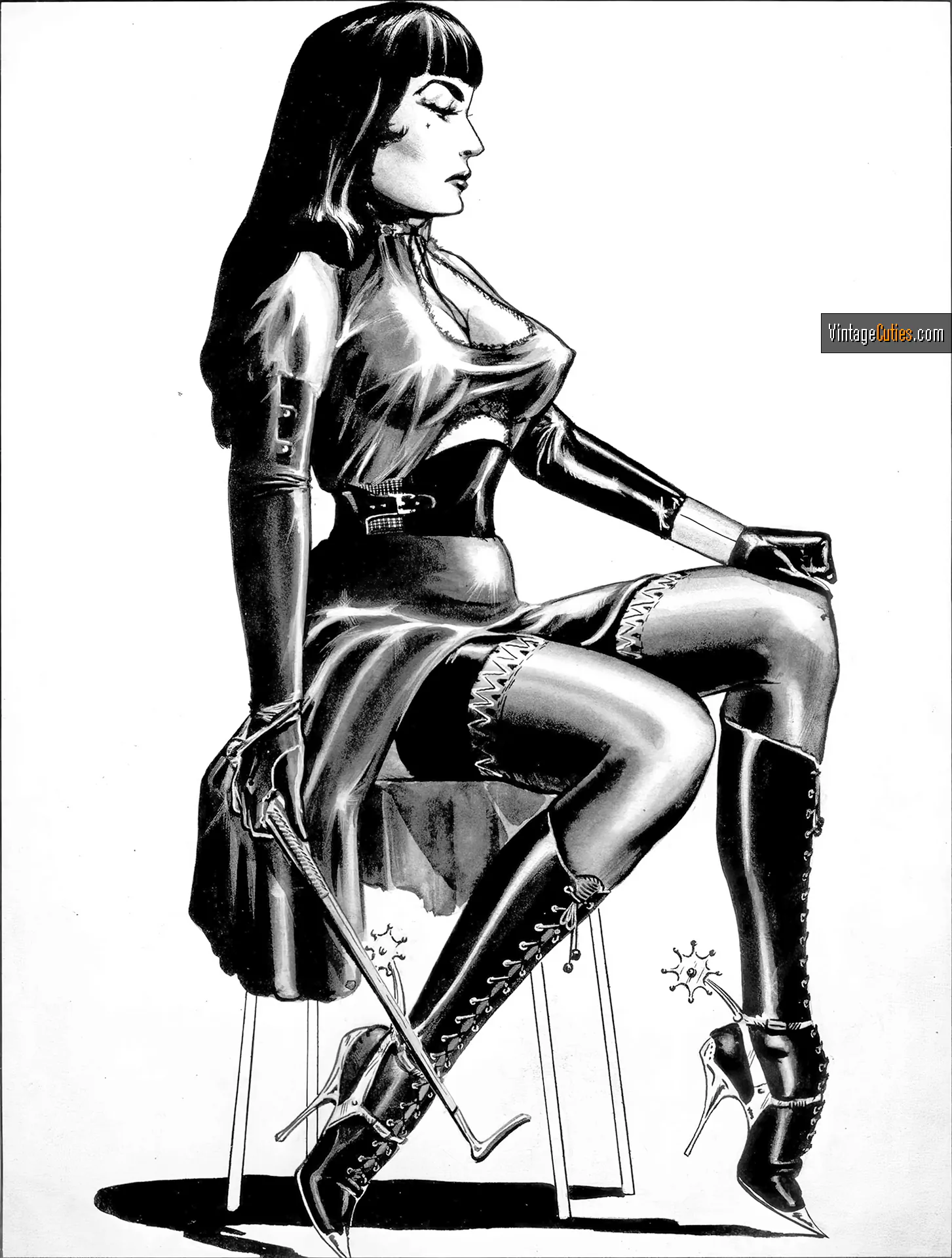 Cruel vintage dominatrix in a leather dress boots and gloves
