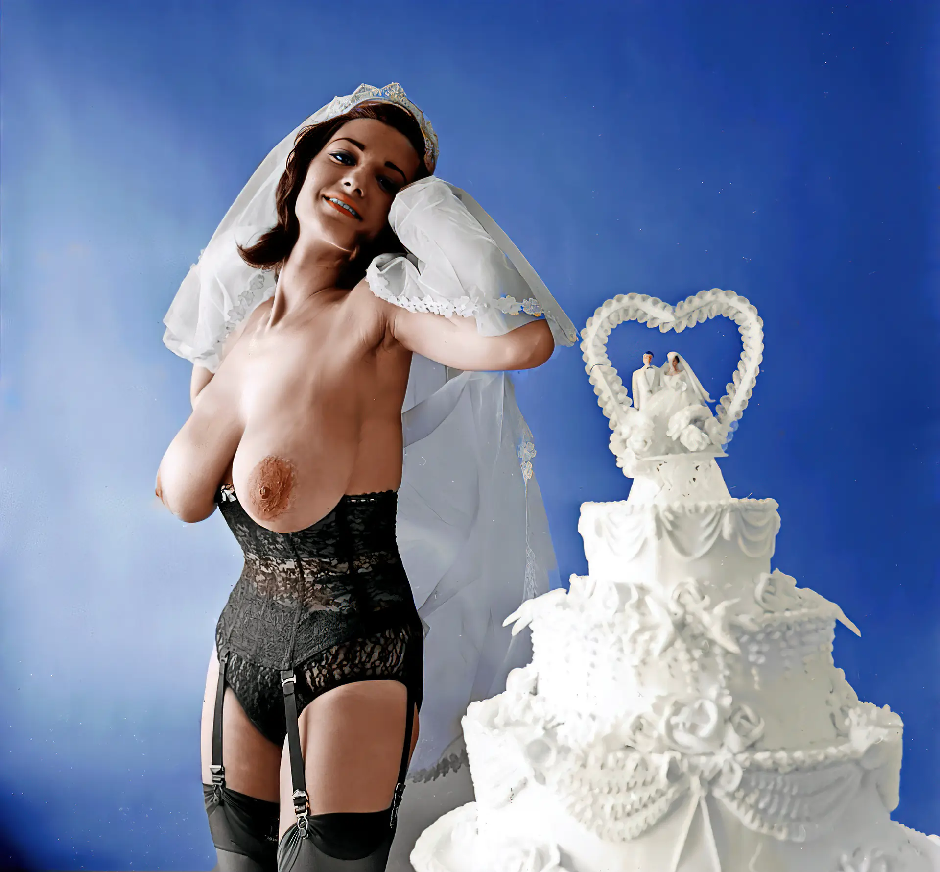 Beautiful Joan Brinkman with a white veil in her dark hair pops her smooth boobs out of the corset