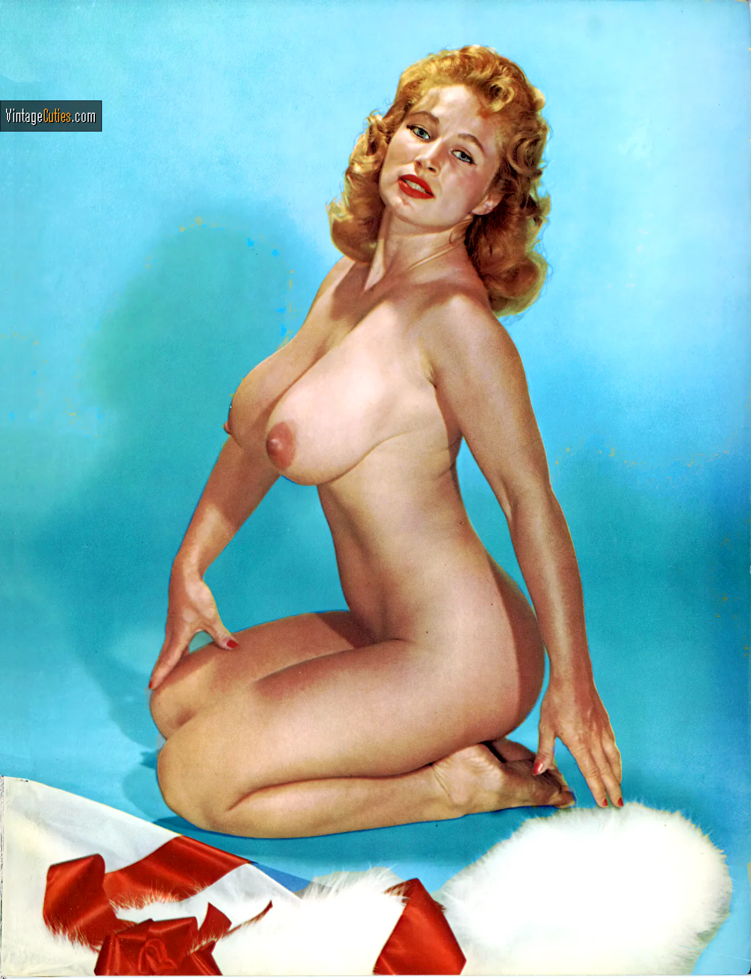 Retro babe Virginia Bell exposes her saggy boobs while kneeling