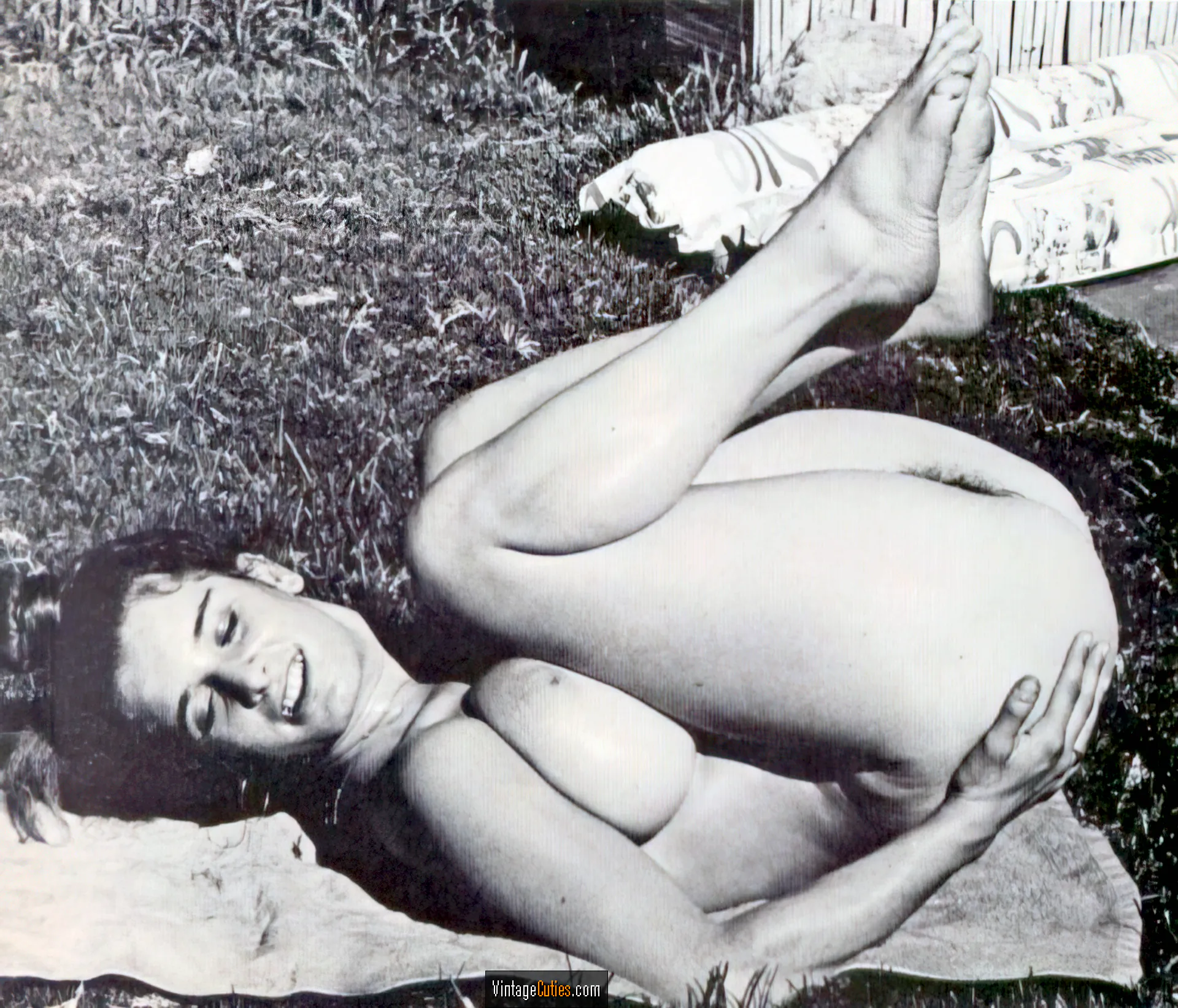Rosalie Strauss exposes her delicate bottom and a fuzzy pussy outdoors